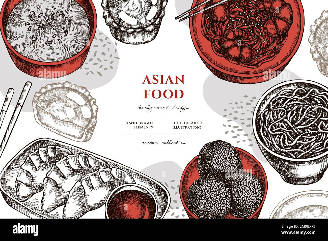 Disegno di illustrazione disegnato a mano dell'alimento asiatico. Sfondo con jiaozi vintage, jian dui, crostata d'uovo, tagliatelle con gamberi, zuppa d'uovo, ciotola di tagliatelle. Illustrazione Vettoriale