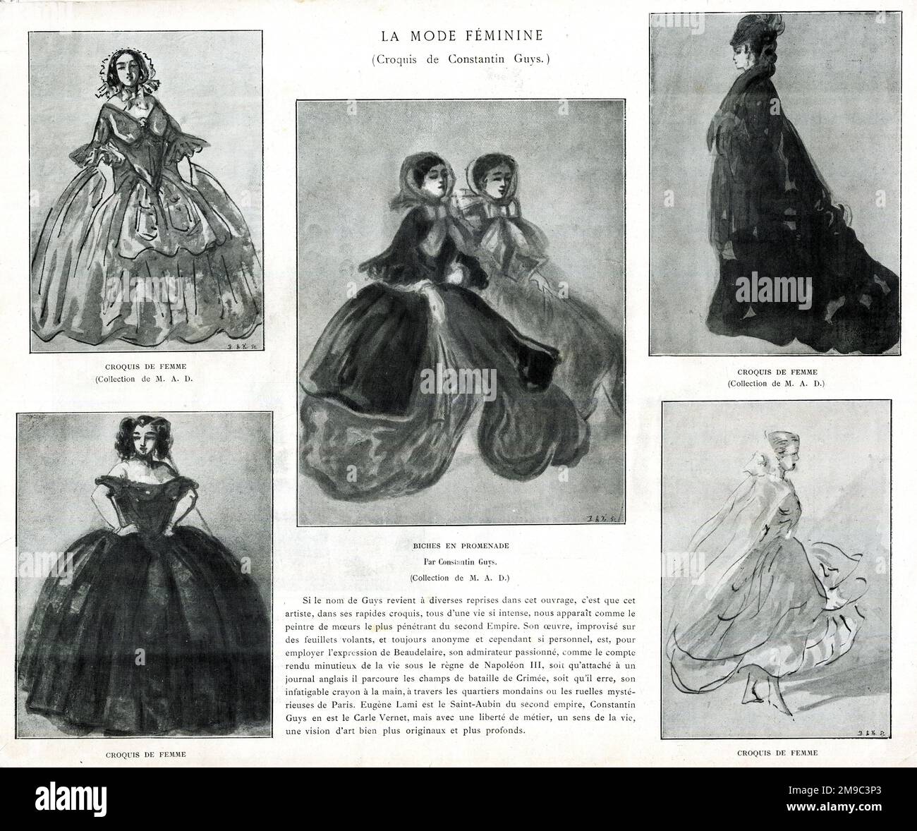 Moda femminile francese, Second Empire - donne in abiti in stile cinolino, abbozzati da Constantin Guys. Foto Stock
