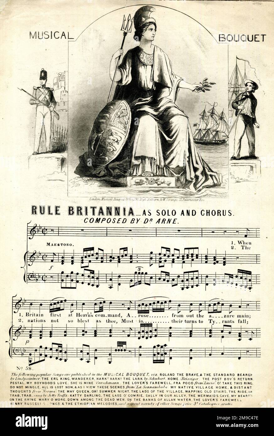 Spartiti, canzone patriottica Rule Britannia, come solista e coro, composta da Dr Arne, con notazione musicale Foto Stock