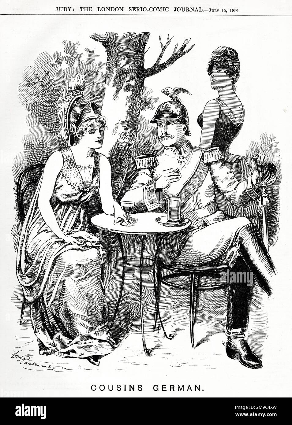 Cartoon politico, Britannia e Kaiser Wilhelm II, cugini tedeschi, con la gelosa Marianne (Francia) guardando Foto Stock
