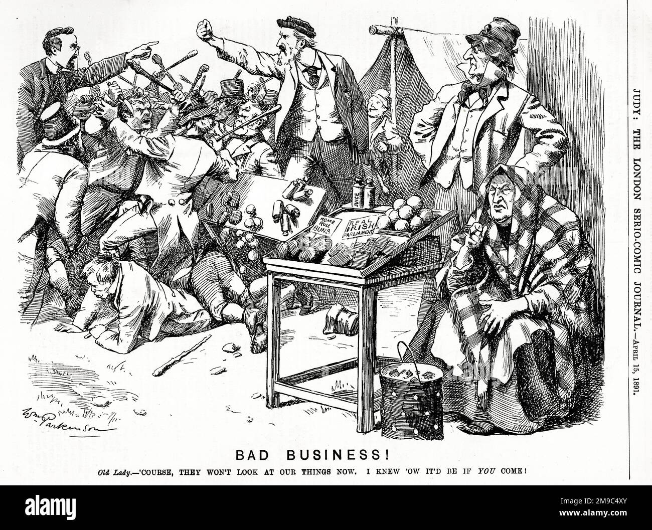 Cartoon politico, Bad Business! Un commento satirico su William Ewart Gladstone e Irish Home Rule, con William Harcourt (R) raffigurato come una donna anziana Foto Stock