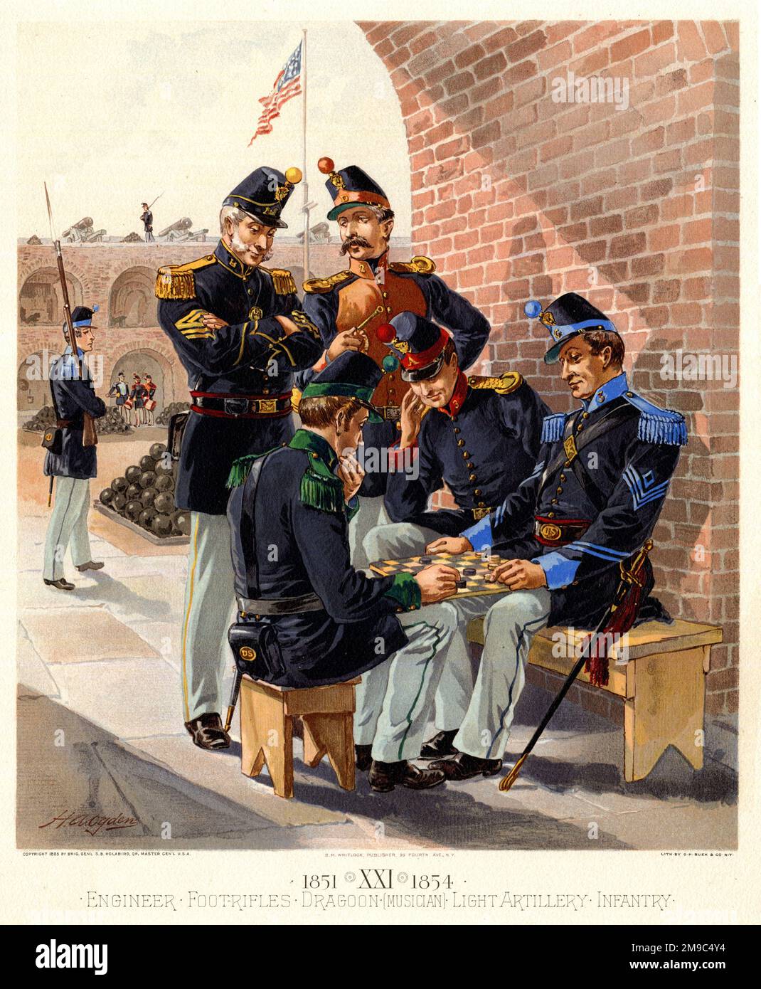 Cinque soldati americani in uniforme - Ingegnere, Fucili a piede, Dragoon Musician, Light Artillery, Fanteria, 1851-1854 Foto Stock