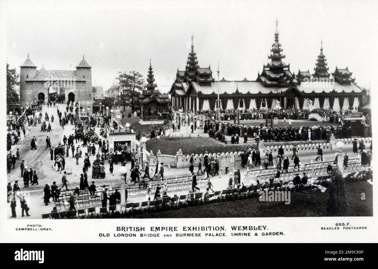 British Empire Exhibition, mostra coloniale tenutasi a Wembley Park, Londra, Inghilterra dal 23 aprile al 1 novembre 1924 e dal 9 maggio al 31 ottobre 1925. Il Ponte Vecchio di Londra e il Palazzo, il Santuario e il Giardino Burmese. Foto Stock