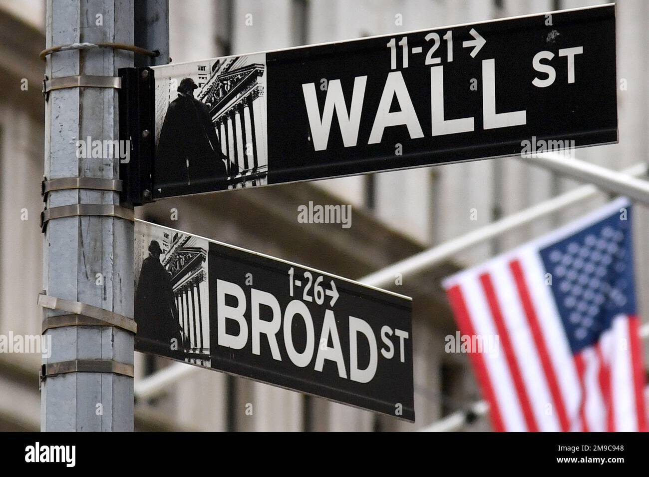 Vista della segnaletica di Wall Street alla Borsa di New York a New York, NY,  17 gennaio 2023. I mercati si sono chiusi martedì 17 gennaio dopo i primi  guadagni all'inizio dell'anno,