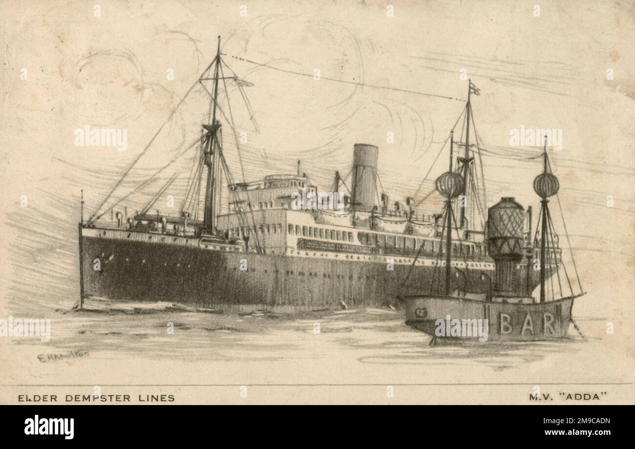 Ghana, Africa occidentale - nave mercantile (M.V.) Adda della linea del Dempster anziano, passando la NAVE leggera DELLA BARRA Foto Stock