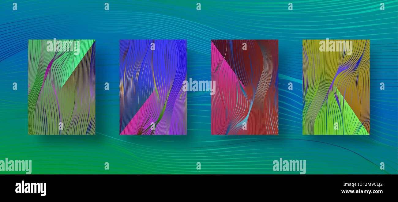 Set di gradienti ondulati sullo schermo, sfondi astratti dalle onde moderne. Copertina fluida colorata per poster, banner, volantino e presentazione. Colori vivaci e alla moda Illustrazione Vettoriale