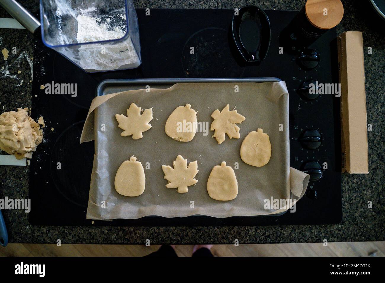 Ritaglio autunnale dei biscotti sulla pergamena prima della cottura Foto Stock
