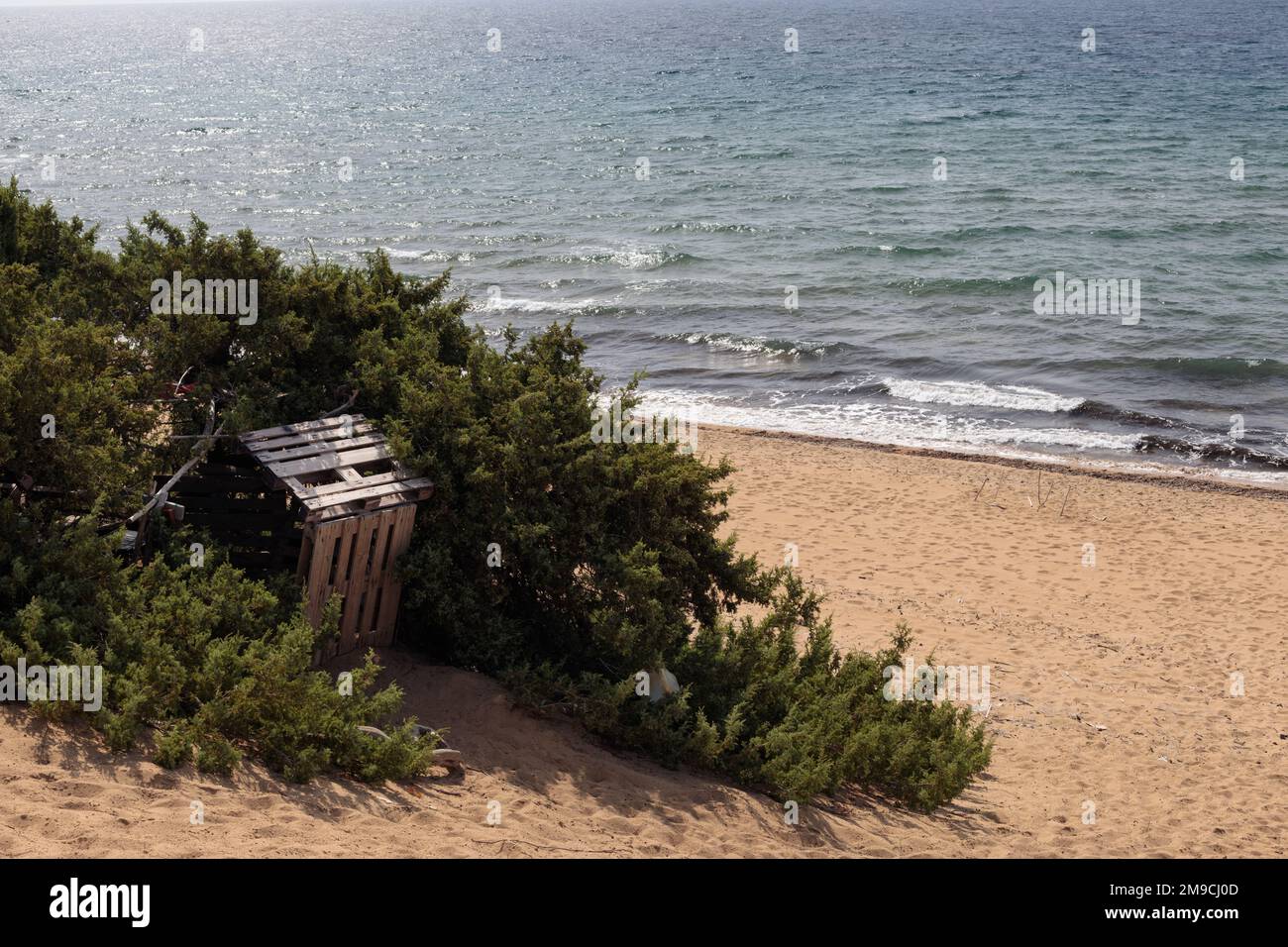 Una casa fatta di pallet di legno sulla spiaggia, castane su un'isola solitaria. Foto Stock