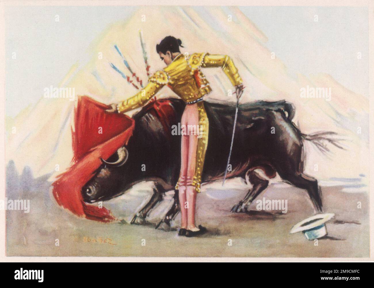 Un matador guadagna la padronanza finale sopra un toro nell'arena, saltando la relativa resistenza con le lanze alla spina dorsale prima di somministrare il colpo fatale finale Foto Stock