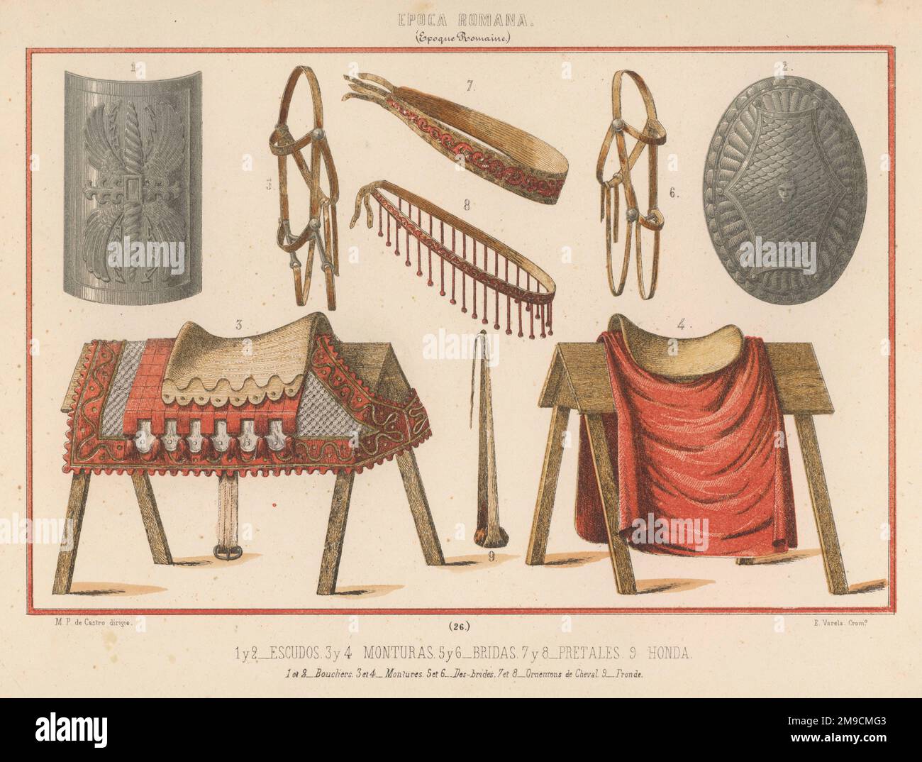 Ponti, selle e tendaggi corazzati per la cavalleria romana e due varietà di scudi romani sia rotondi che quadrati Foto Stock