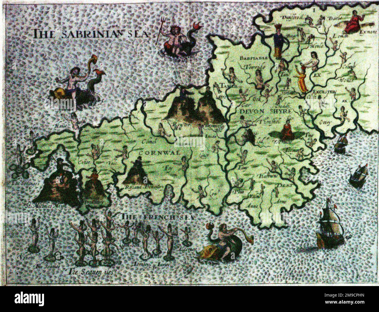 Mappa del 17th ° secolo di Polyolbion - Cornovaglia, Inghilterra Foto Stock