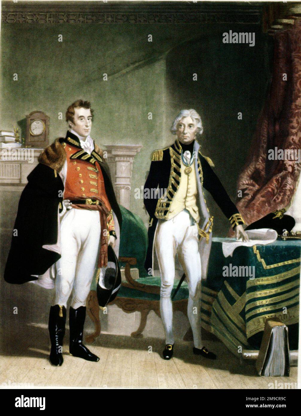 'L'Esercito e la Marina - il Vice-Ammiraglio Lord Horatio Nelson e il maggiore Generale Sir Arthur Wellesley, Duca di Wellington si incontrano nell'Ufficio coloniale di Downing Street, Londra Foto Stock