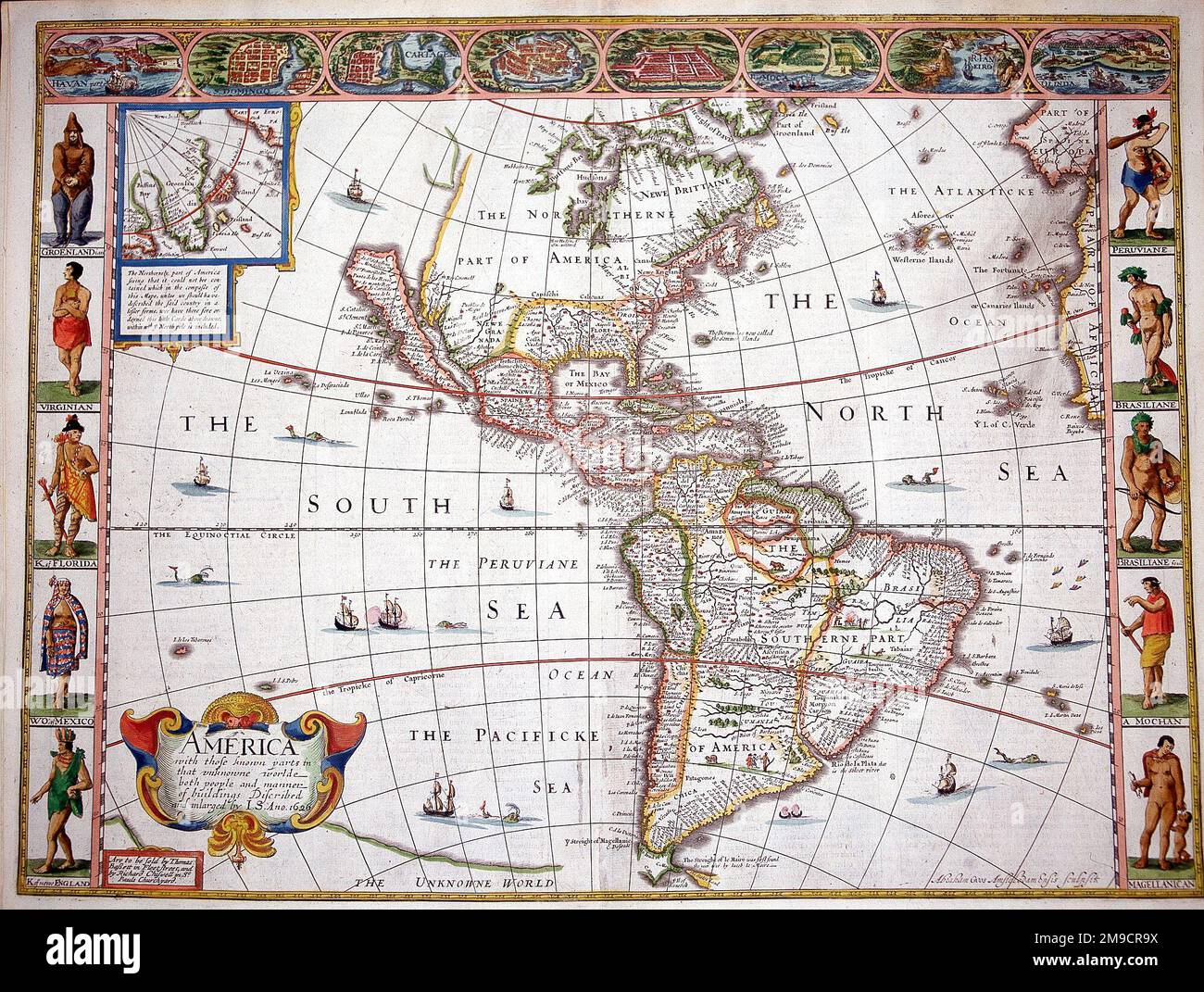 Mappa del 16th° secolo del Nord e del Sud America Foto Stock