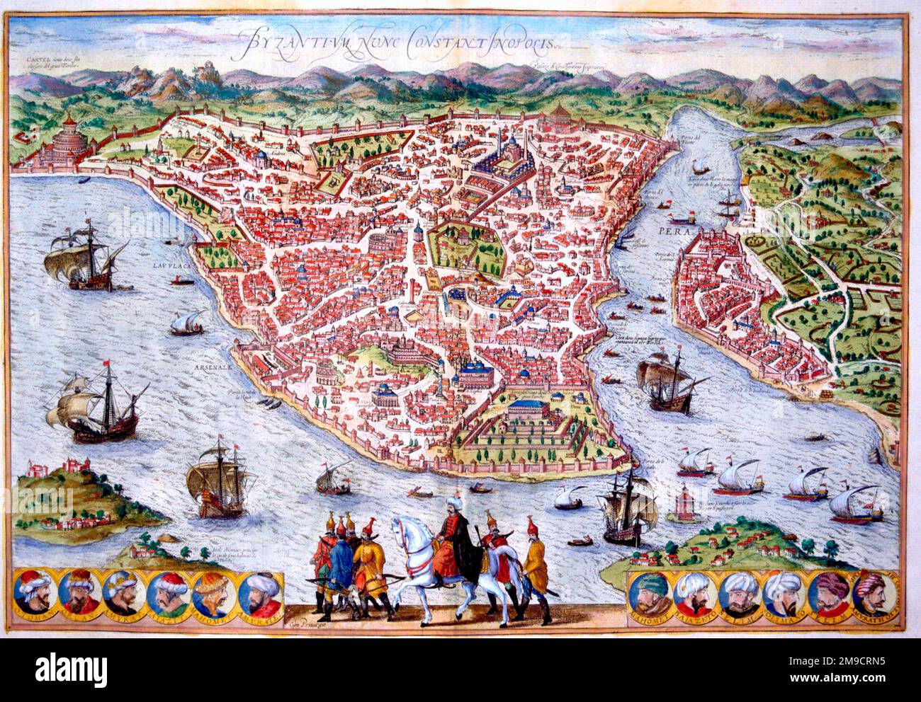 Mappa del 16th ° secolo di Bisanzio (Costantinopoli) Foto Stock