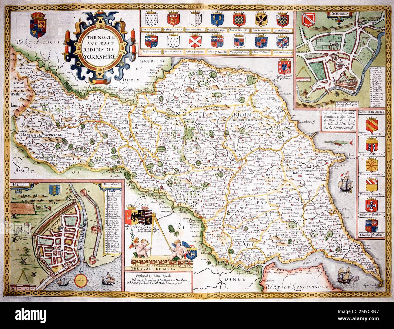 Mappa del 17th ° secolo del Nord e Est Riding di Yorkshire, Inghilterra Foto Stock