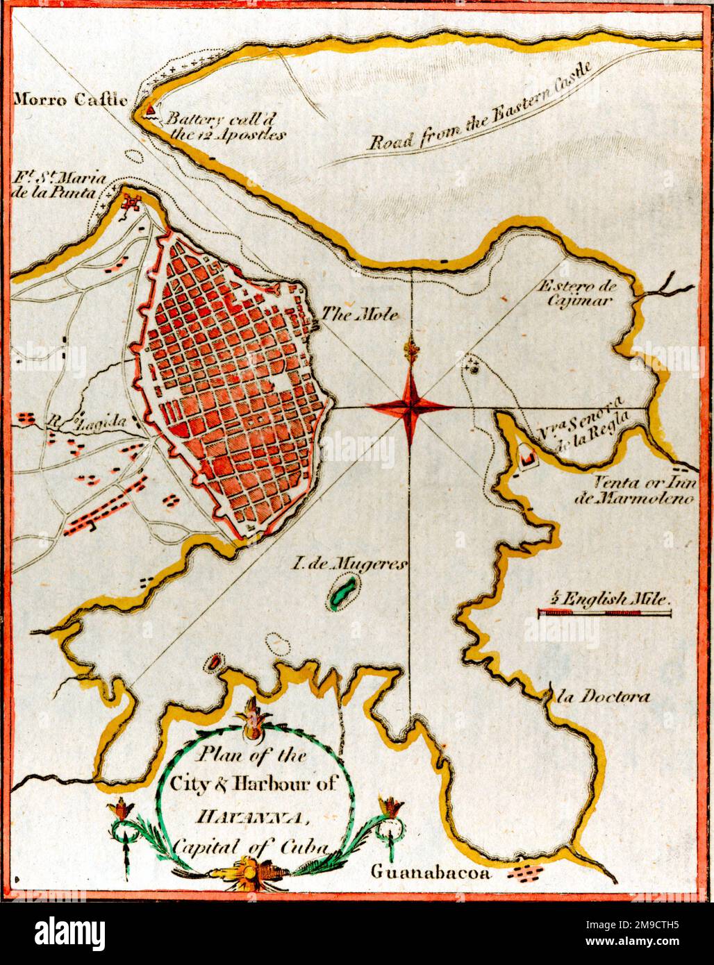 Mappa del 19th ° secolo del Porto di l'Avana, Cuba Foto Stock