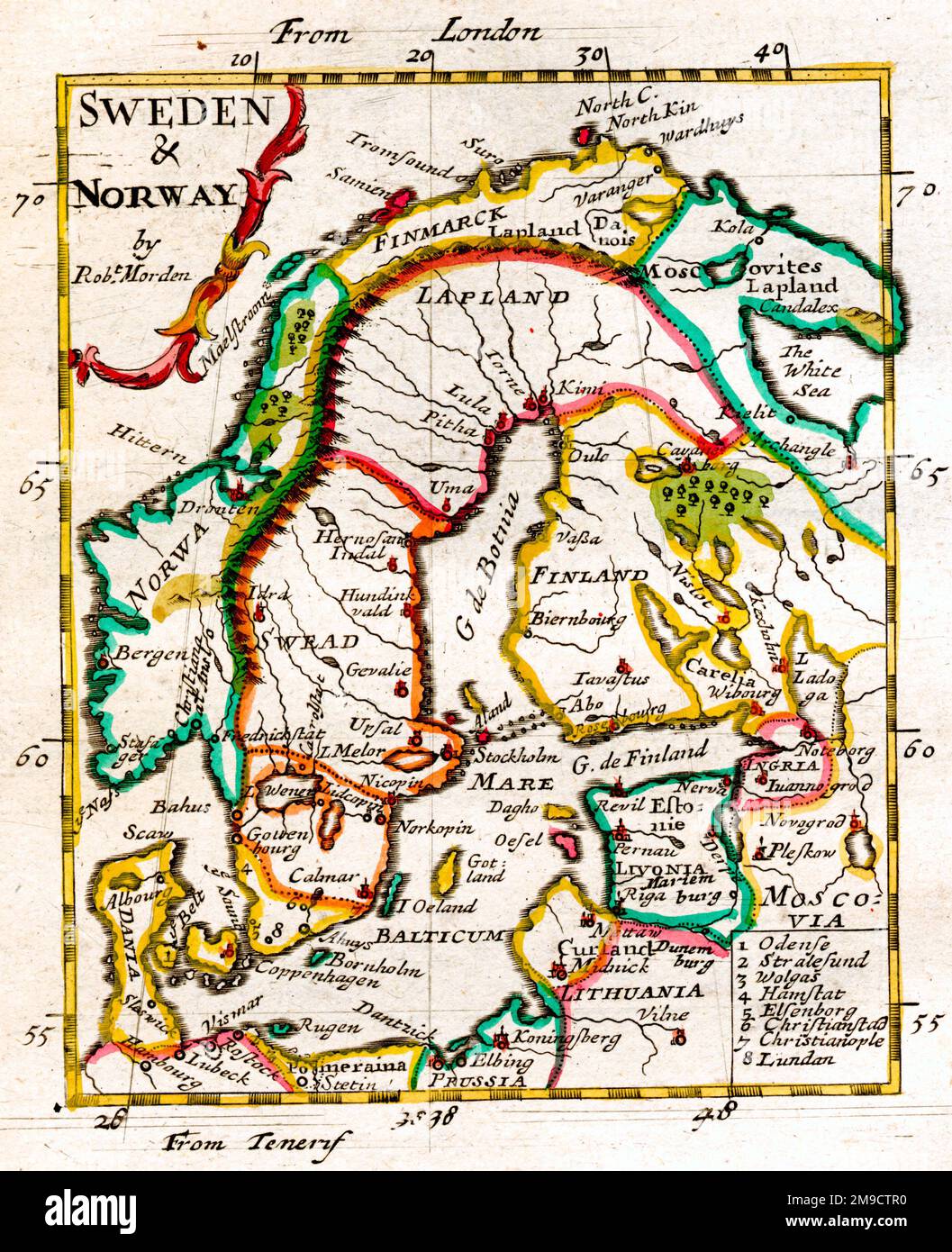 Mappa del 17th° secolo di Svezia e Norvegia, Scandinavia compresa Danimarca e Finlandia Foto Stock
