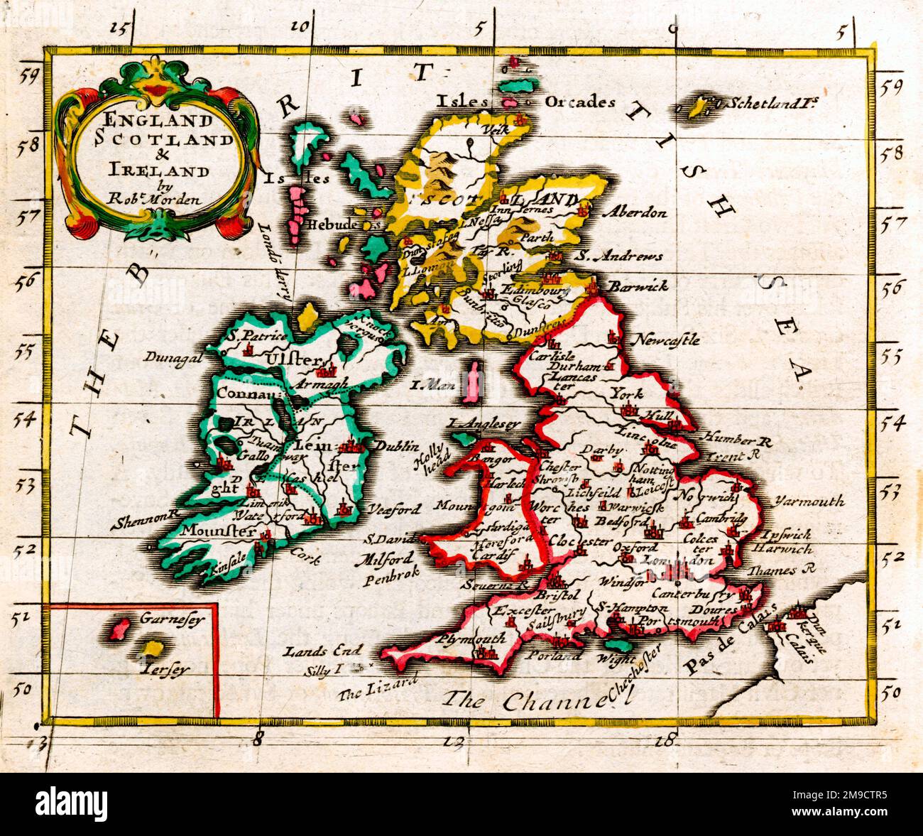 Mappa del 17th° secolo delle isole britanniche, dell'Inghilterra, della Scozia e dell'Irlanda Foto Stock