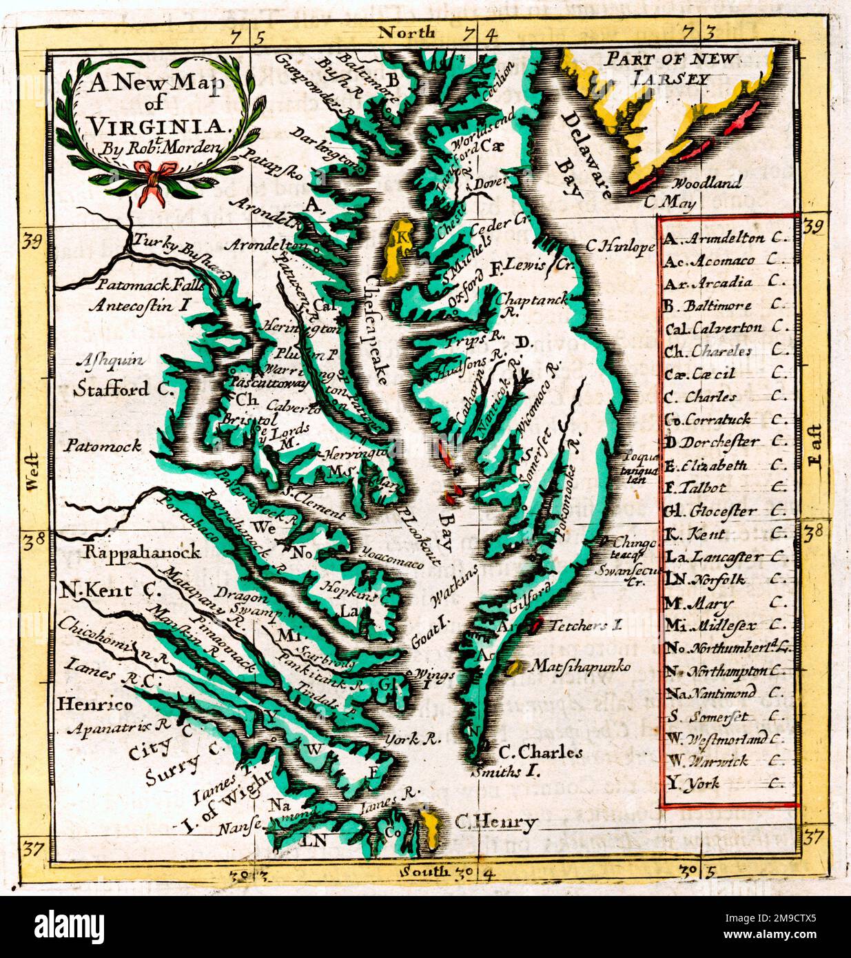 Mappa del 17th° secolo della Virginia, America Foto Stock