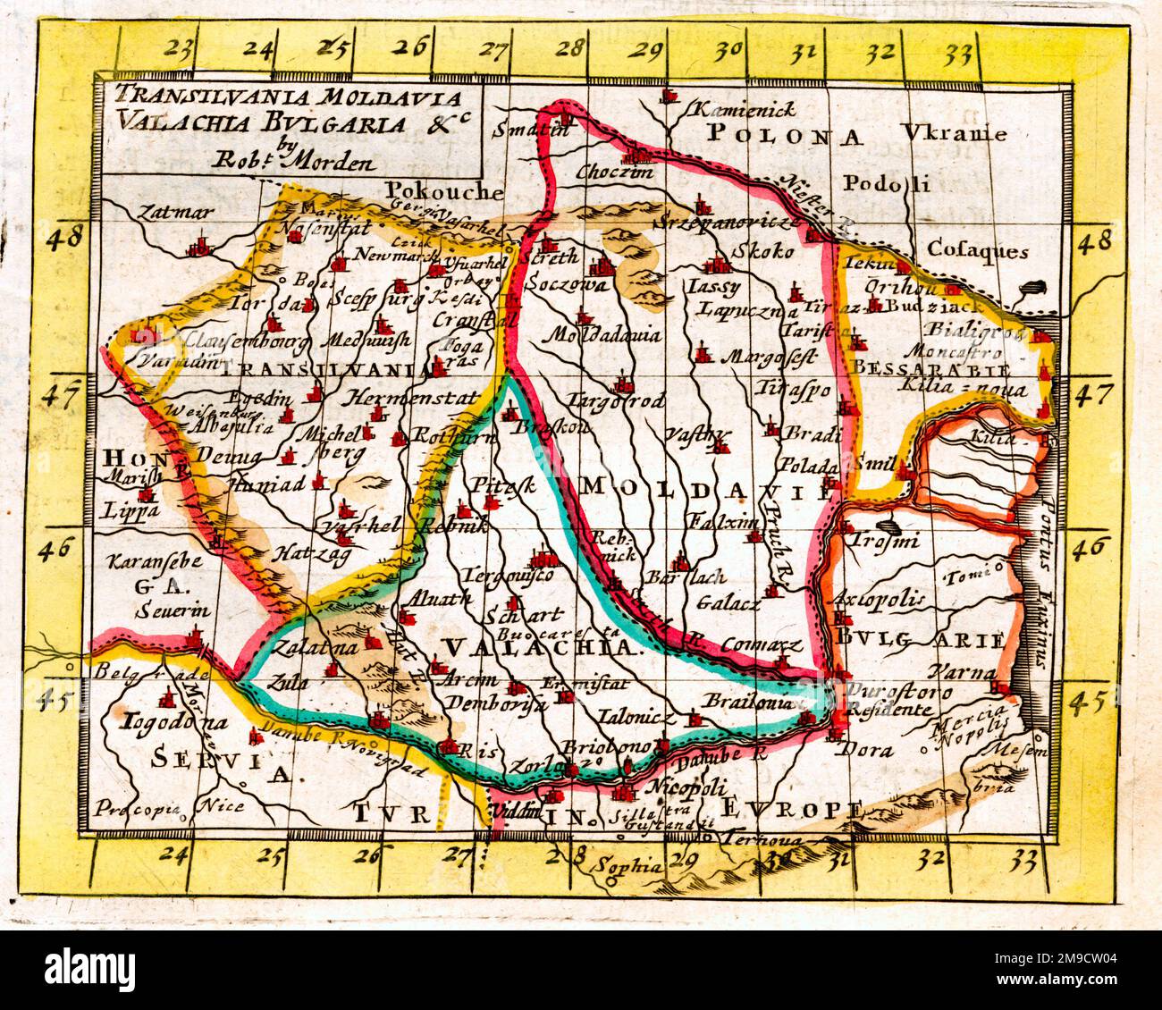 Mappa del 17th° secolo di Transilvania, Moldavia, Walachia e Bulgaria Foto Stock