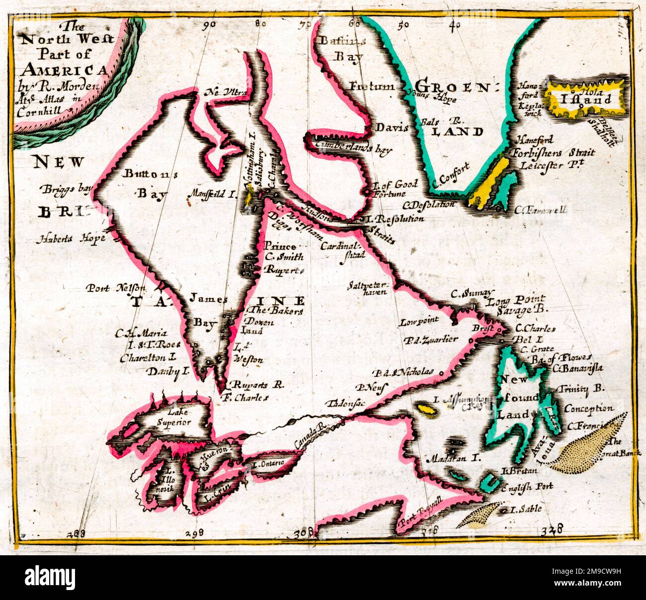 Mappa del 17th° secolo dell'America del Nord-Ovest che mostra la Baia di Hudson e i grandi Laghi anche la Groenlandia Foto Stock