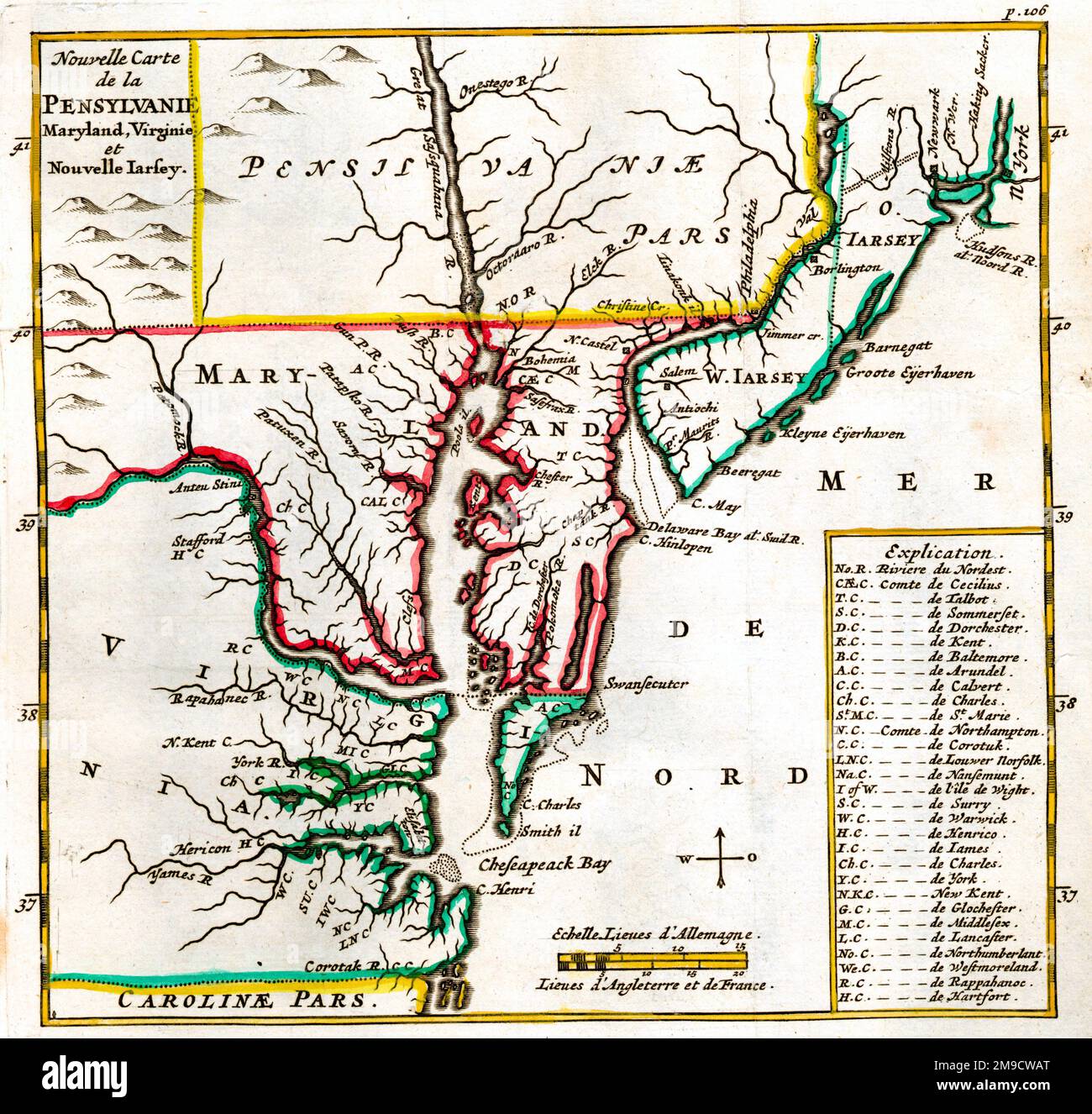 Mappa del 17th° secolo di Pennsylvania, Maryland, Virginia e New Jersey, America Foto Stock