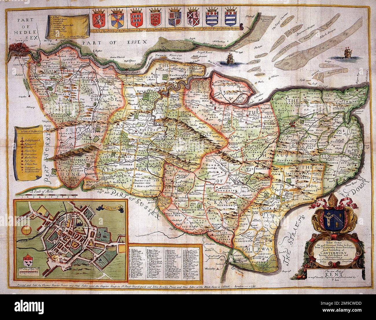 Mappa del 17th ° secolo della contea di Kent, Inghilterra Foto Stock