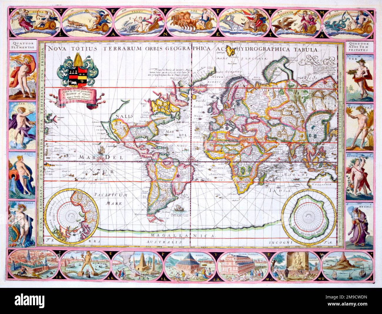 Mappa del mondo del 17th° secolo, nove totius terrarum orbis geographica ac hydro grapica tabula, con viste delle sette meraviglie del mondo, delle quattro stagioni, dei quattro elementi e dei sette pianeti Foto Stock