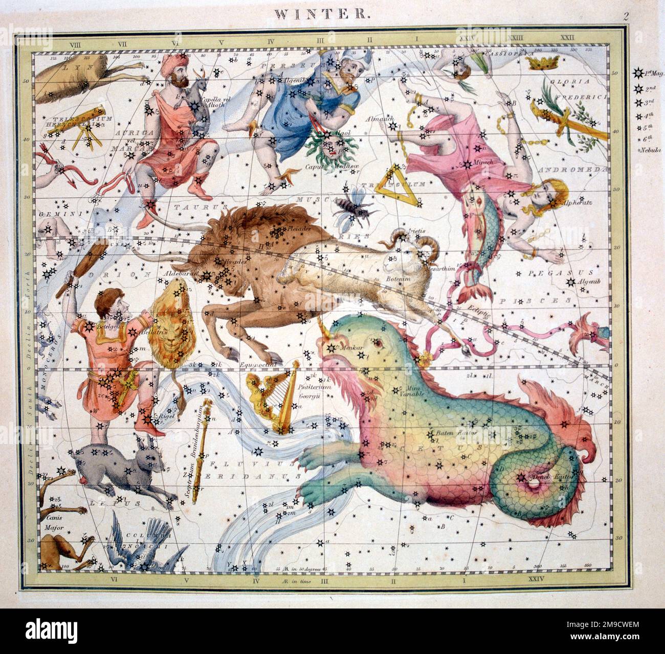 Mappa stella celeste delle costellazioni d'Inverno Foto Stock