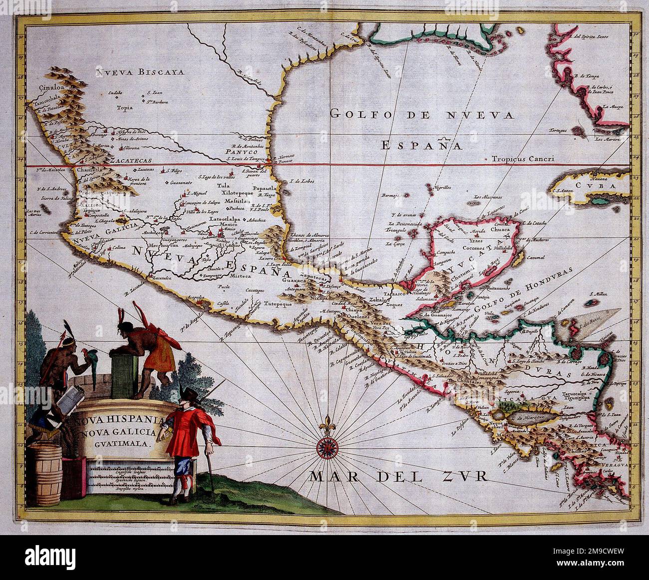 Mappa del 17th° secolo della Nuova Spagna, della Nuova Francia e del Guatemala, America Centrale - Nova Hispania Nova Galicia Guatimala Foto Stock