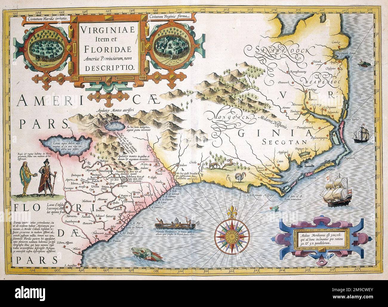 Mappa del 17th° secolo della Virginia e della Florida, America con insediamenti indiani americani - Virginae item et Flordiae Foto Stock