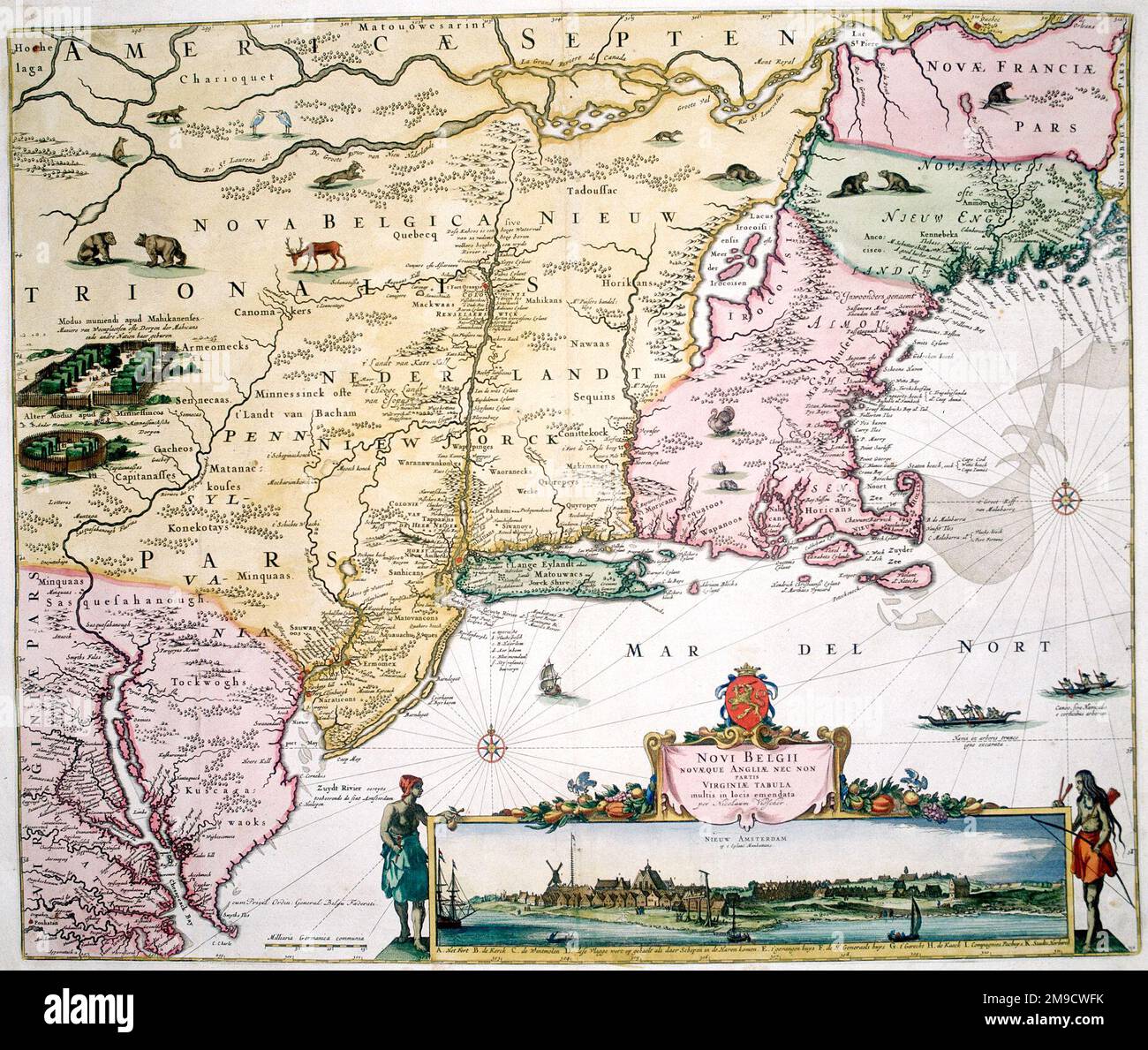 Mappa del 17th° secolo del New Belgium, America - New York, New Jersey e Pennsylvania - Nova Belgi Novaque Angliae nec non partis Virginiae Tabula Foto Stock