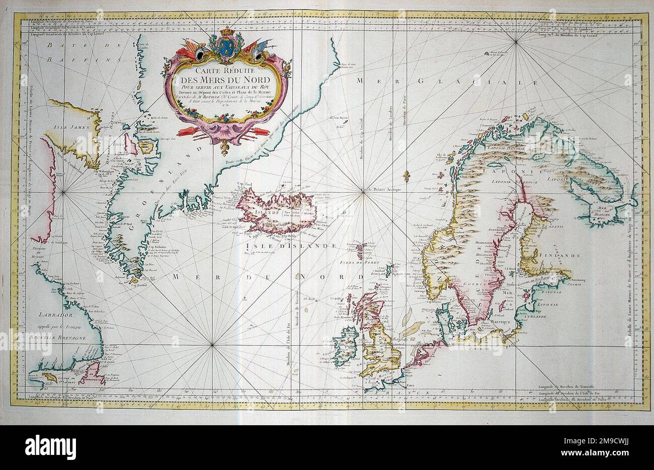 Mappa del 18th° secolo del Mare del Nord, dell'Oceano Atlantico, della Scandinavia e della Groenlandia Foto Stock