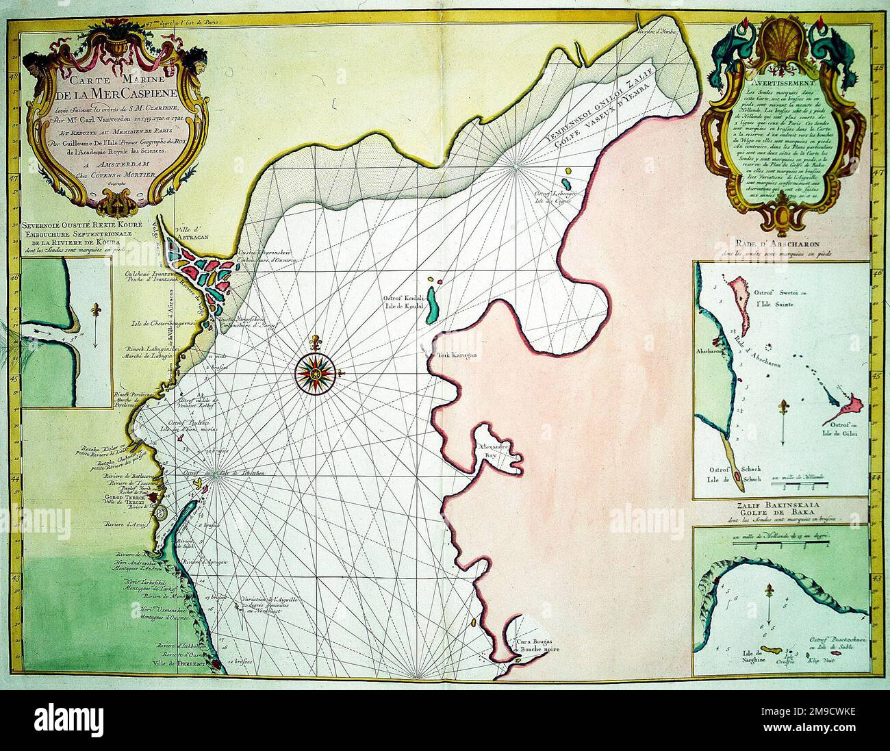 Mappa del 18th ° secolo del Mar Caspio del Nord - carte Marine de la Mer Caspiene Foto Stock