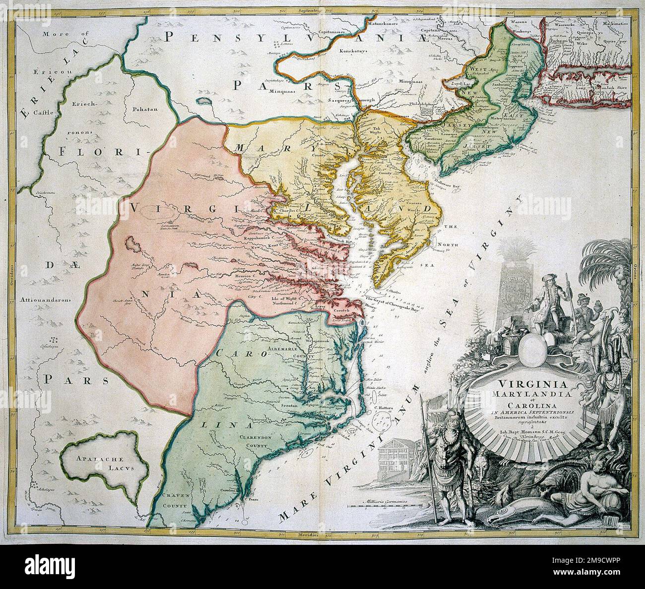 Mappa del 18th ° secolo della Virginia - Maryland - Carolina, America Foto Stock