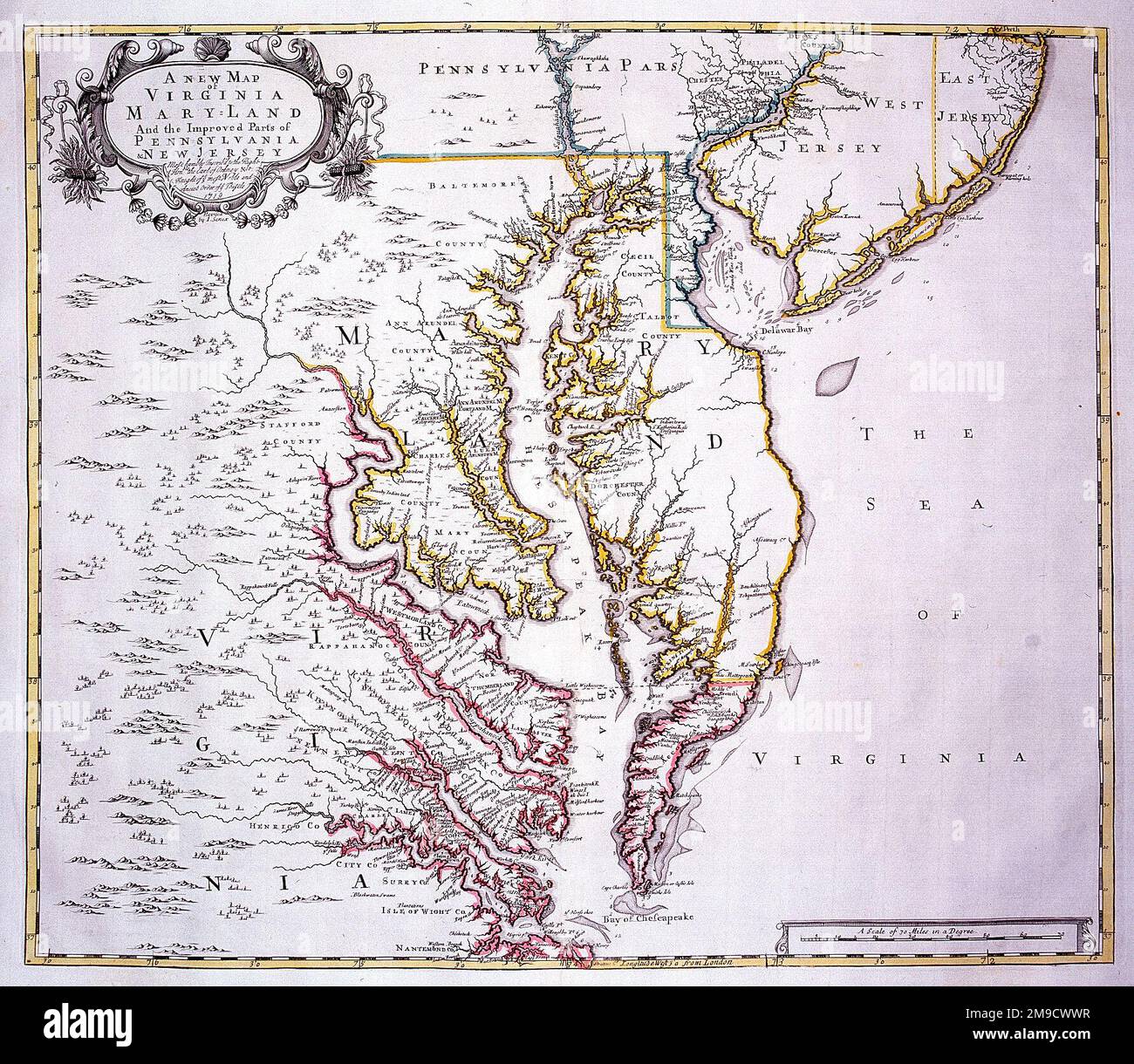 Mappa del 18th ° secolo di Virginia e Maryland, America Foto Stock