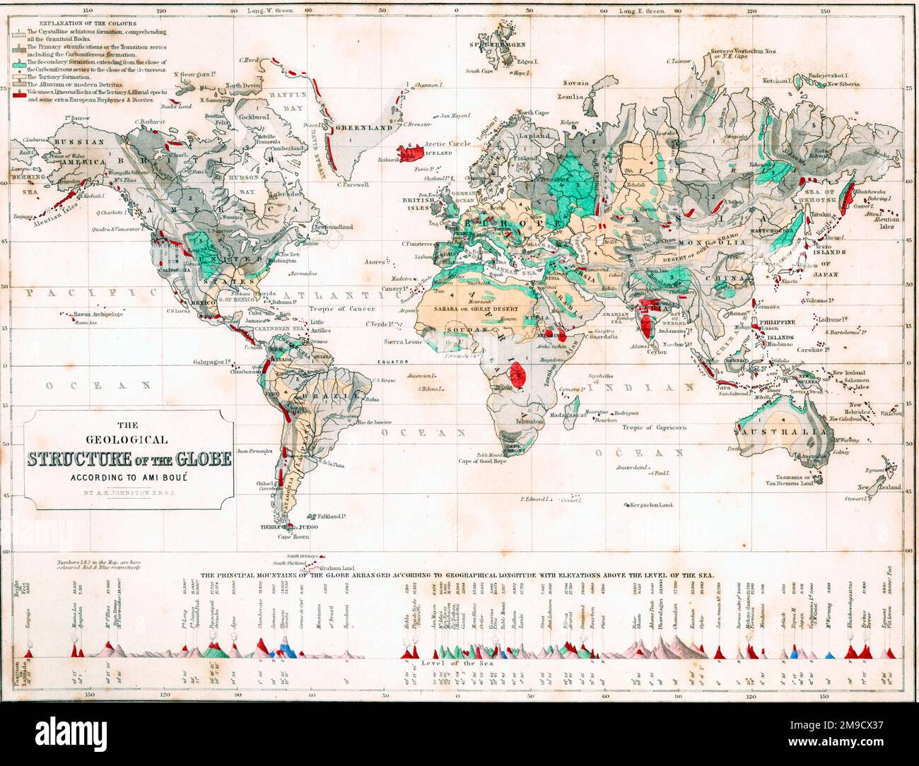 Mappa del 19th° secolo della struttura geologica del globo Foto Stock