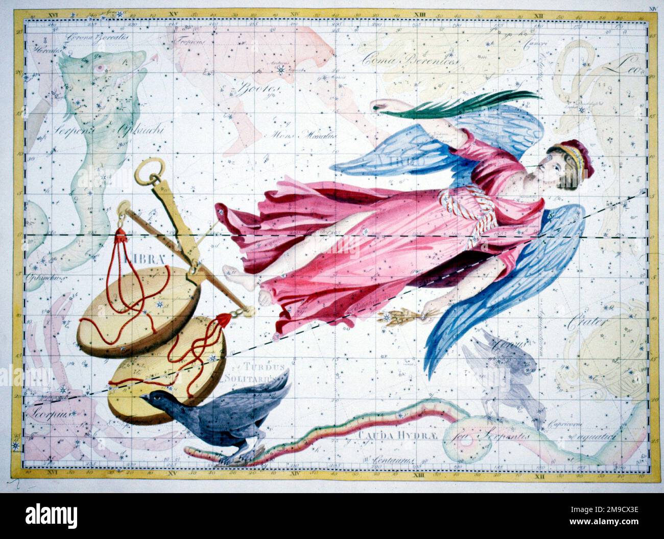 Mappa delle stelle celesti delle costellazioni della Vergine e della Libra Foto Stock