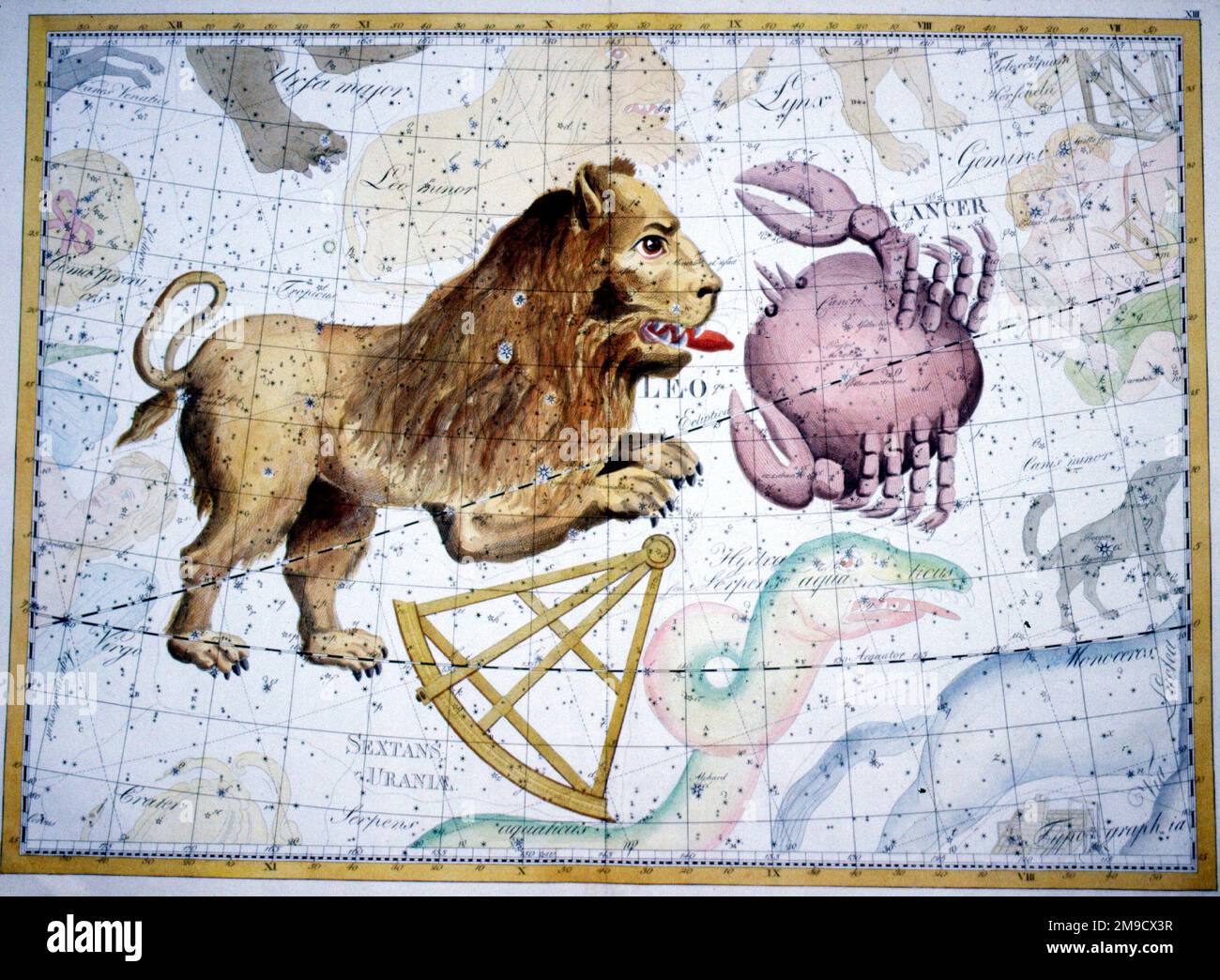 Mappa delle stelle celesti delle costellazioni di Leo e cancro Foto Stock