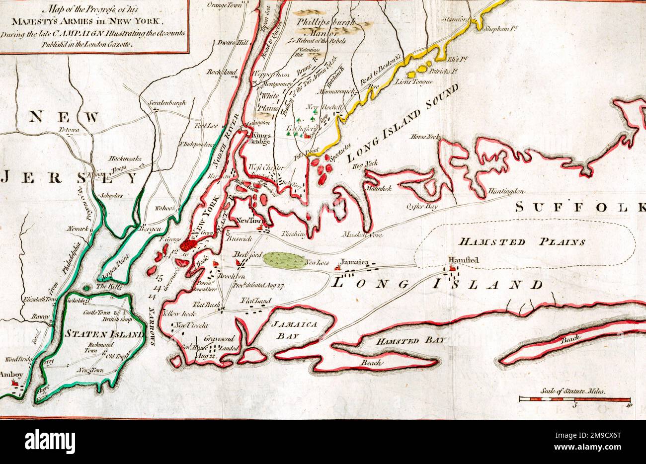 Mappa del progresso degli eserciti di sua Maestà a New York, durante la tarda Campagna - Guerra d'Indipendenza rivoluzionaria americana Foto Stock