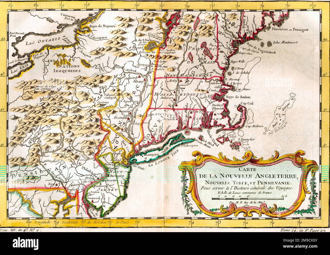 Mappa del 18th° secolo del New England, Pennsylvania e New York, America Foto Stock