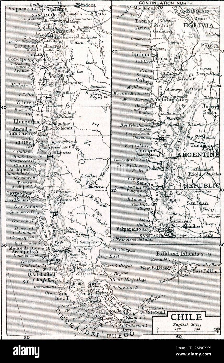 Mappa del Cile, Sud America Foto Stock