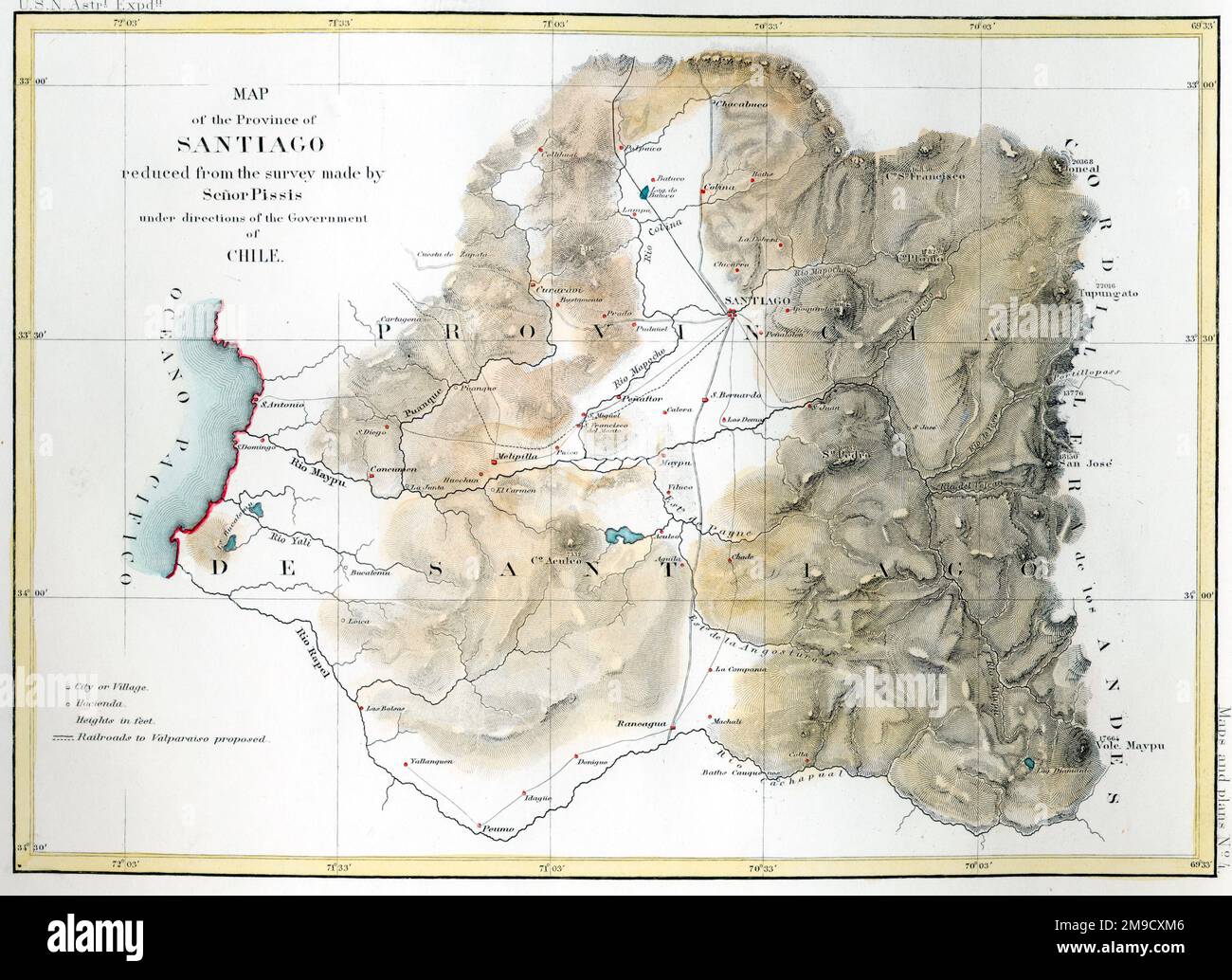 Mappa del 18th ° secolo della Provincia di Santiago, Cile Foto Stock