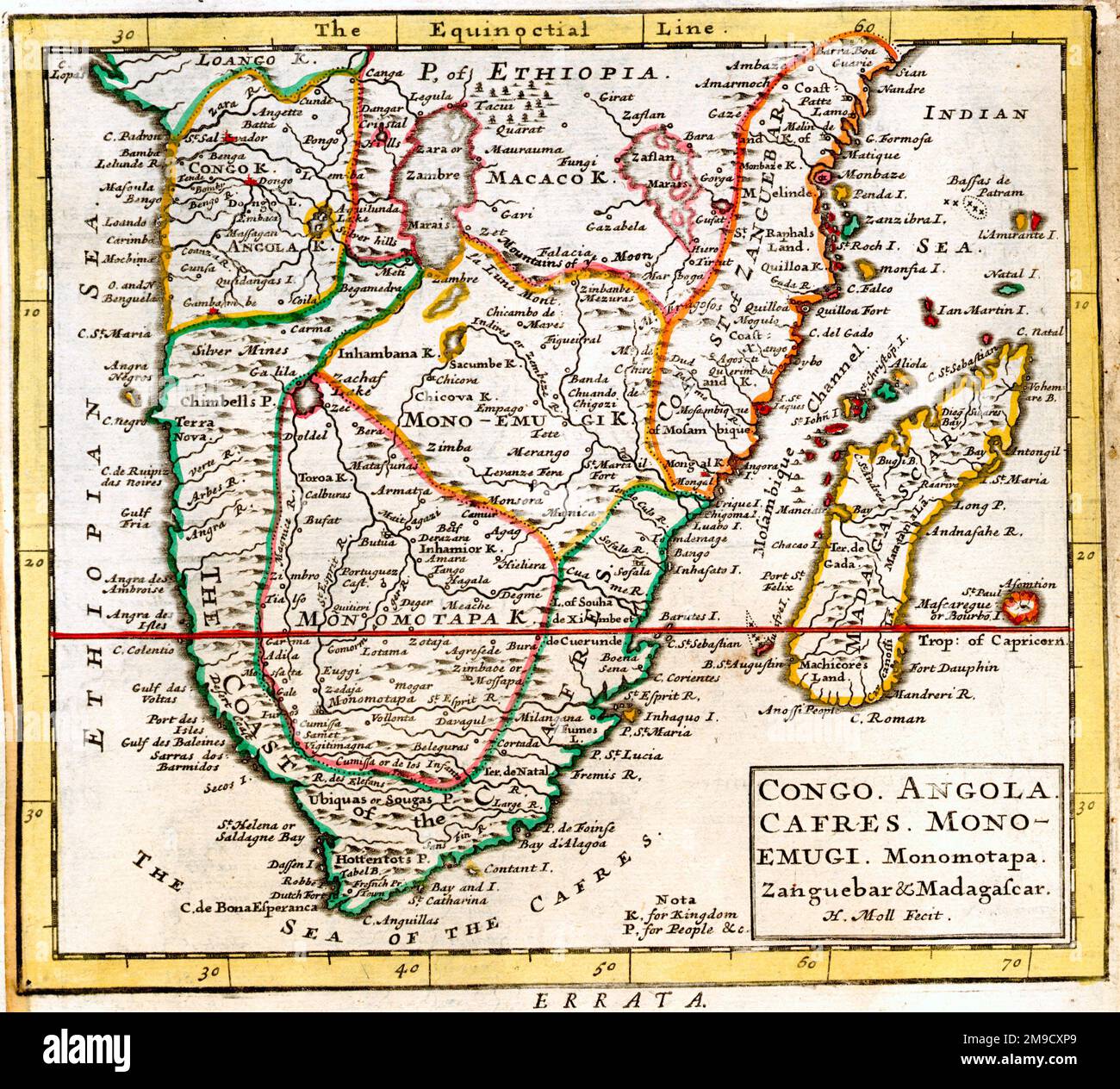 Mappa del 18th° secolo dell'Africa - Congo, Angola, Madagascar Foto Stock