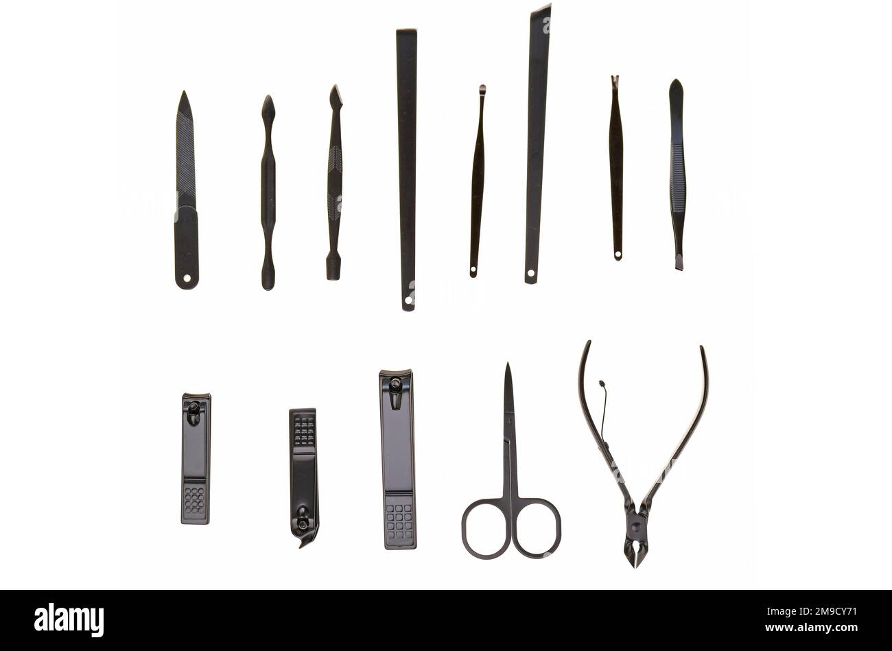 Accessori per manicure set di colore nero isolato su sfondo bianco.Manicure e pedicure equipment.Spa e bellezza Foto Stock