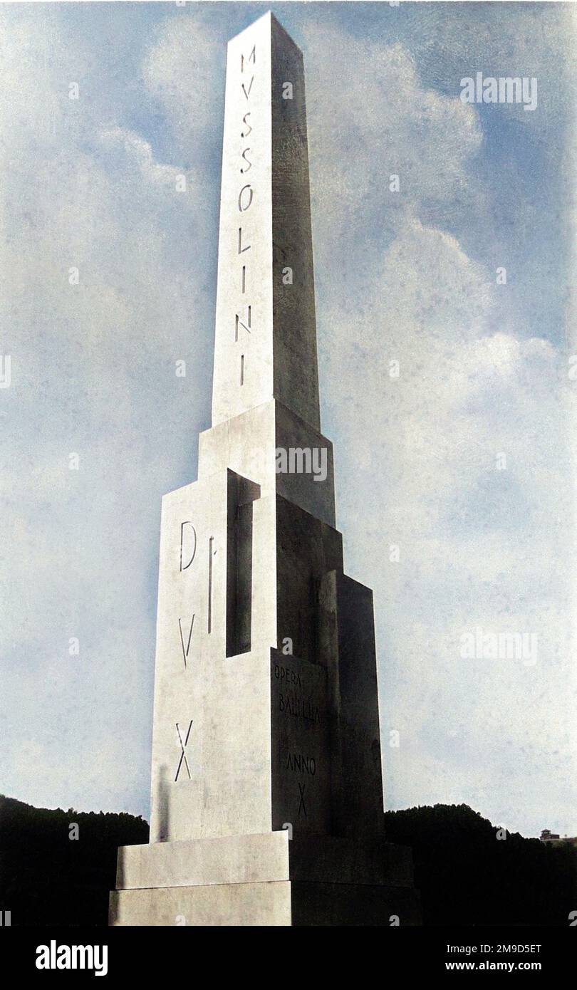 1932 , ROMA , ITALIA : PROPAGANDA fascista italiana , il MONOLITO BENITO MUSSOLINI dell'OPERA NAZIONALE BALILLA in stile ART DECO al FORO ITALICO . Il marmo bianco di Carrara obelisc fu edificato presso lo Stadio FORO STADIO DEI marmi MUSSOLINI , ancora oggi esistente . Fotografo sconosciuto . COLORATO DIGITALMENTE . - STORIA- FOTO STORICHE - ROMA - FASCISMO - FASCISTA - FASCISMO - ITALIA - 30'S - '30 - ANNI TRENTA - NOVECENTO - PROPAGANDA - MONOLITE - KITSCH --- ARCHIVIO GBB Foto Stock
