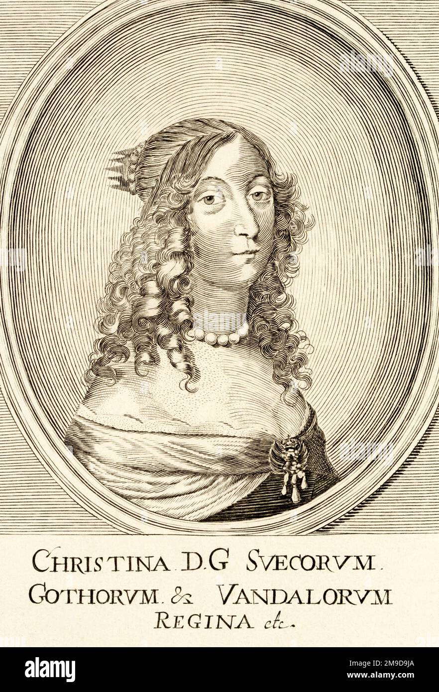 1660 ca, SVEZIA : la celebrata regina svedese CHRISTINA di Svezia ( 1626 - 1689 ), figlia del re GUSTAV ADOLF ( Adolfo , 1594 - 1632 ) della dinastia VASA . Incisore sconosciuto . - REGINA CRISTINA di SVEZIA - Gustavo Adolfo - Gustavus Adolphus - Christine - FOTO STORICHE - STORIA - NORVEGIA - NORVEGIA - royalty - nobili - nobiltà - ritratto - incisione - illustrazione - illustrazione - LGBTQ - GAY - Lesbica - collana perla - collana di perle --- ARCHIVIO GBB Foto Stock