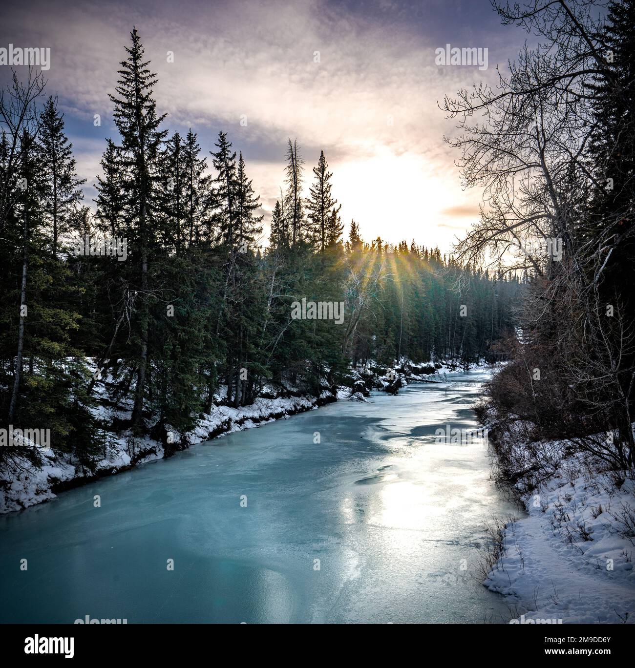 Fish Creek parco foresta paesaggio in inverno al tramonto Foto Stock