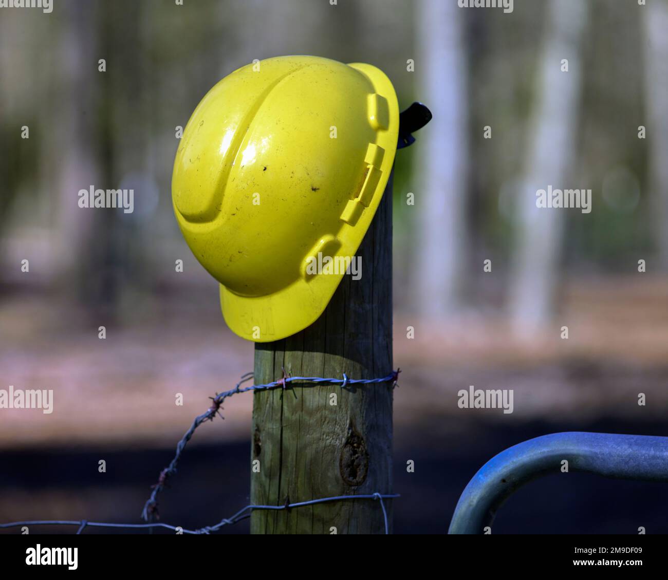 Un casco giallo da cantiere su un palo da recinto Foto Stock