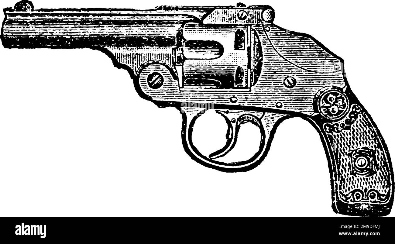 32-Caliber Hammerless Pocket Revolver, Iver Johnson Revolver, incisione d'epoca. Vecchia illustrazione incisa di un Iver Johnson Revolver isolato su un wh Illustrazione Vettoriale